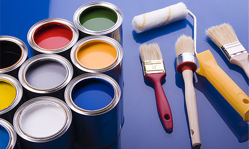 cans of paint, brushes, and roller